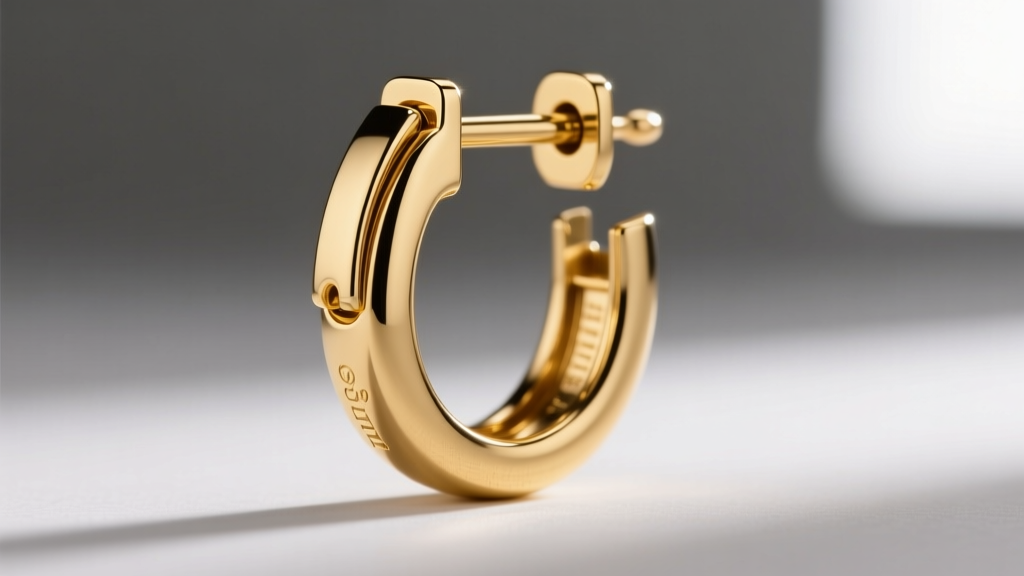 Macro shot of a 12-gauge solid 18k gold hinged dangle earring for men, highlighting the secure latch and polished metal finish