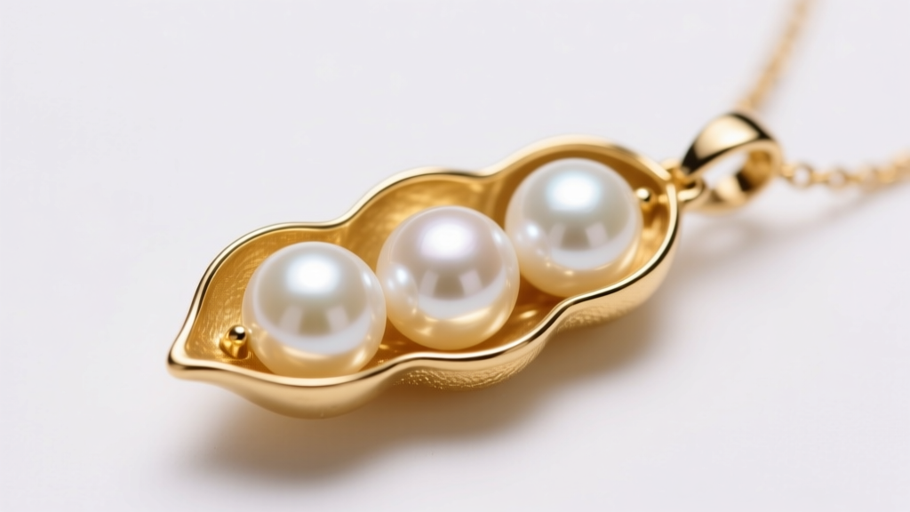 Macro photo of a polished 14k yellow gold pea pod necklace pendant holding three white Akoya pearls under soft studio light.