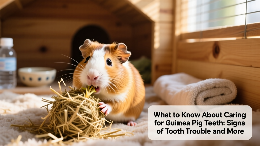 Guinea pig happily chewing on a FurPetVo hay-filled toy inside its habitat