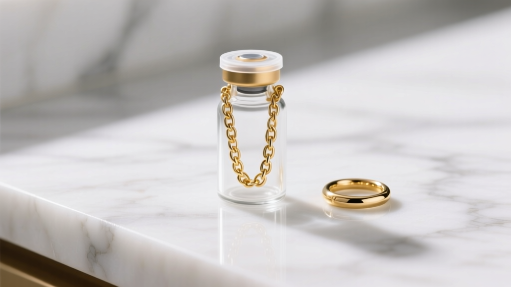 Small glass vial containing a removed 14k gold chain and jump ring, resting on a clean white marble jeweler's workbench surface.