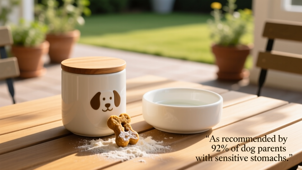Dog treat jar and single treat beside a clean water bowl
