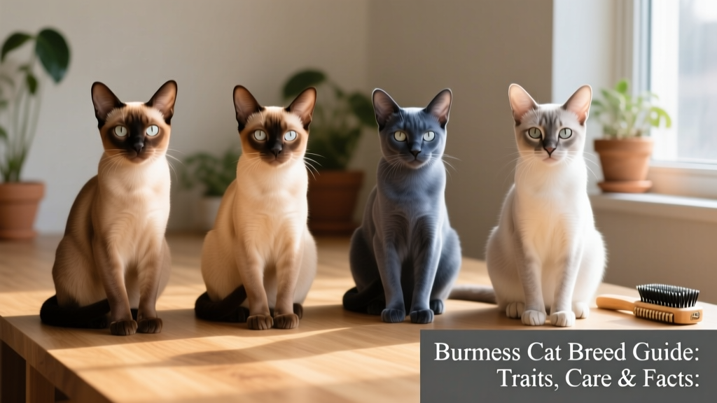 Side-by-side comparison of four Burmese cats in fawn, champagne, blue, and platinum coat colors, all sitting calmly on a light wooden surface