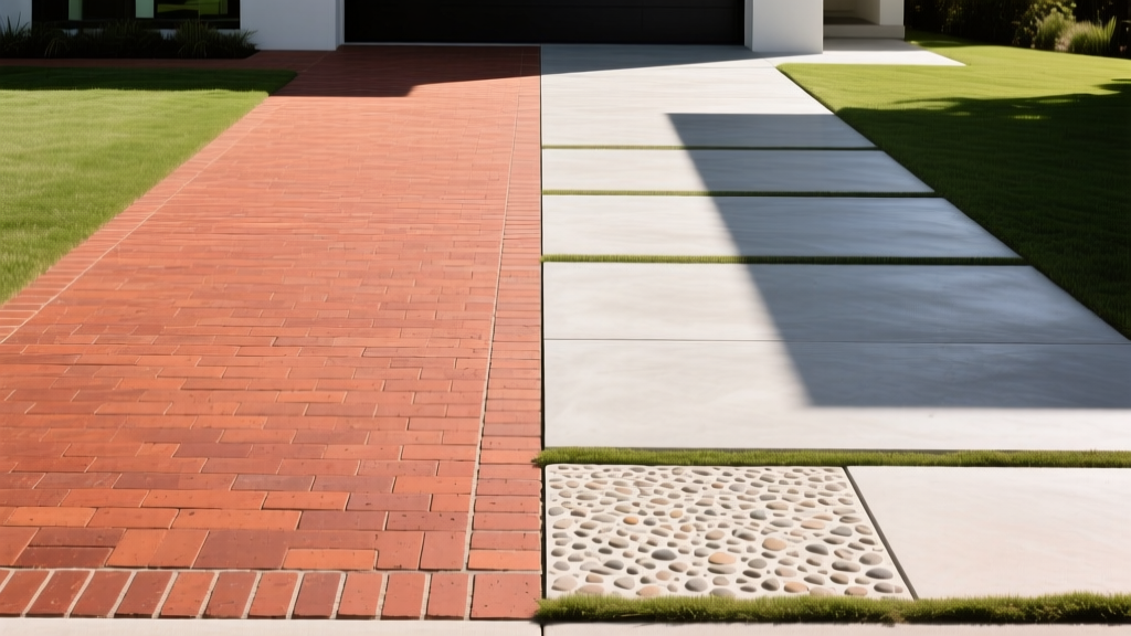Split-view driveway showcasing rich red clay brick pavers on the left and modern tumbled concrete pavers on the right under bright sunlight