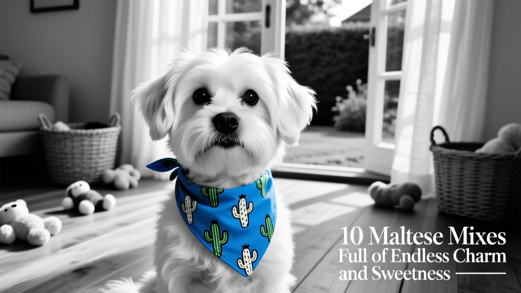 black and white malshi wearing a blue cactus bandana