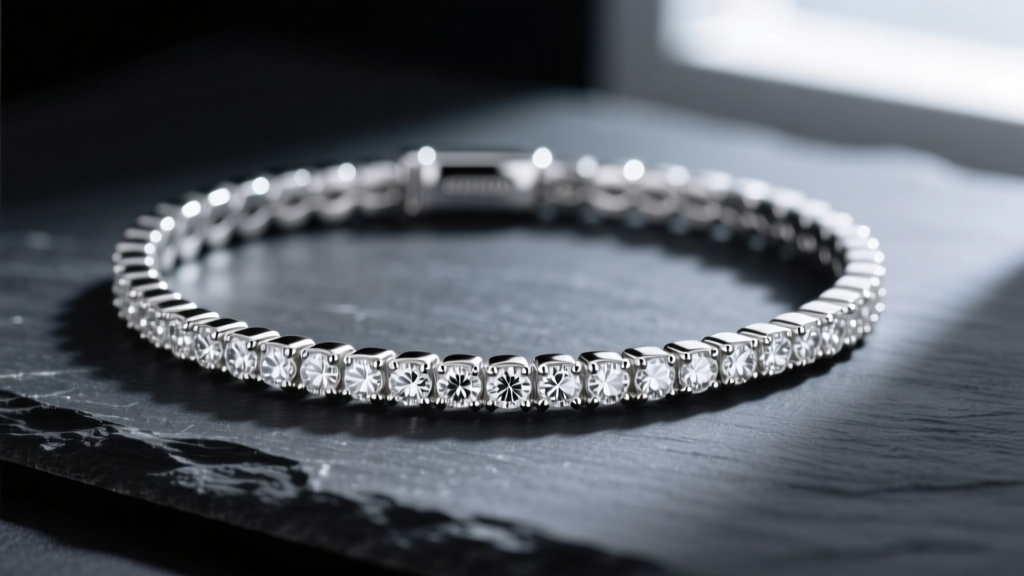 Elegant display of a rhodium-plated 925 sterling silver tennis bracelet featuring small round melee diamonds, resting on dark slate