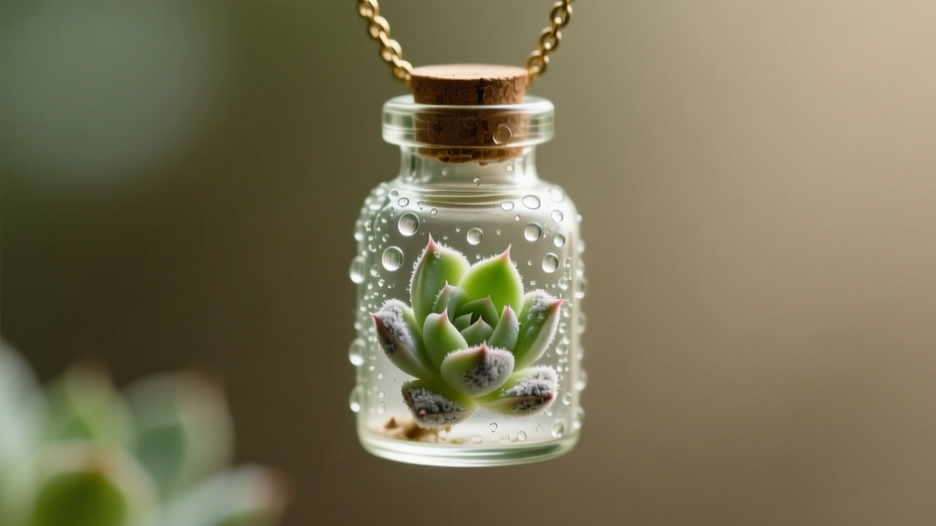 Macro shot of a cloudy glass vial necklace showing trapped condensation and slight mold on a preserved succulent leaf