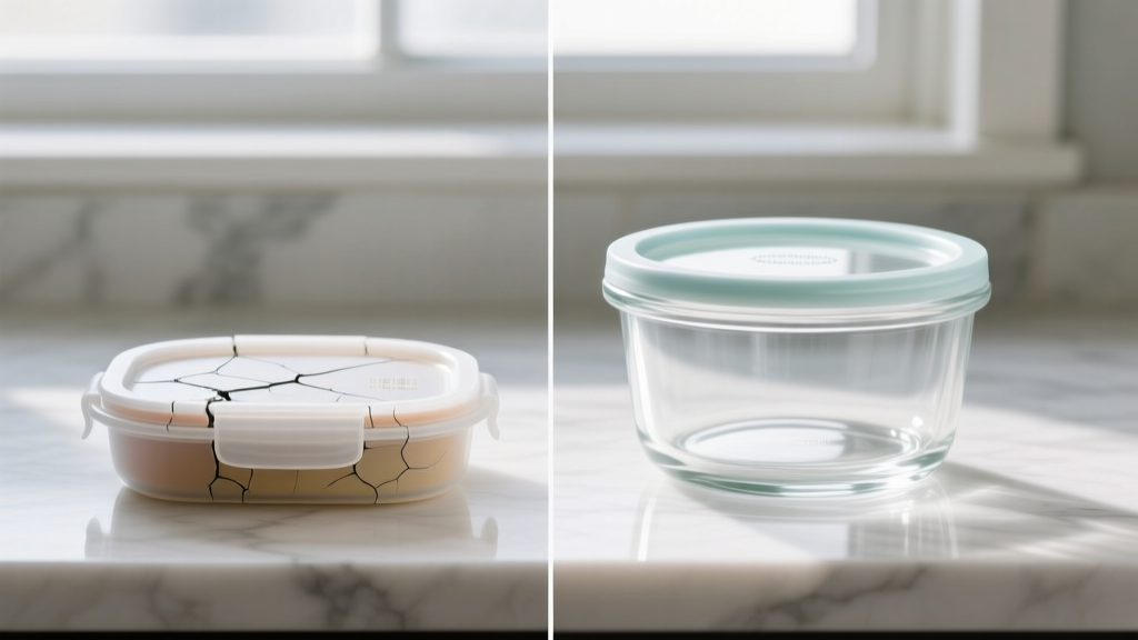 Side-by-side comparison of a cracked cheap plastic meal prep lid next to a durable borosilicate glass container with an intact silicone seal