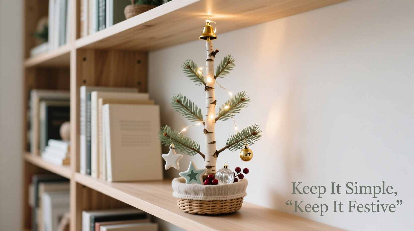 how to style a tabletop christmas tree on a narrow bookshelf without blocking shelves