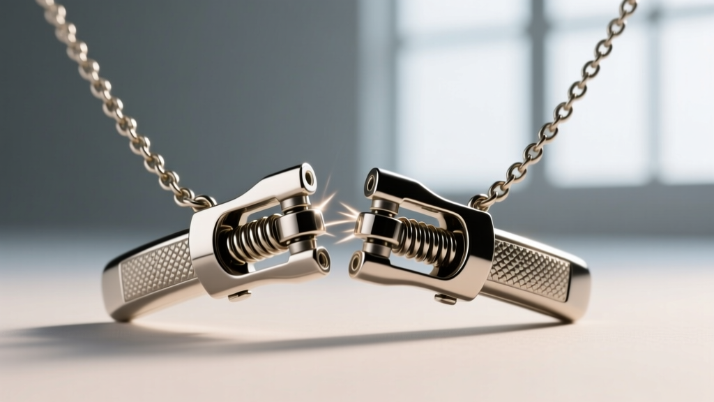 Magnetic breakaway necklace clasp separating under tension, highlighting the safety release mechanism designed for contact sports