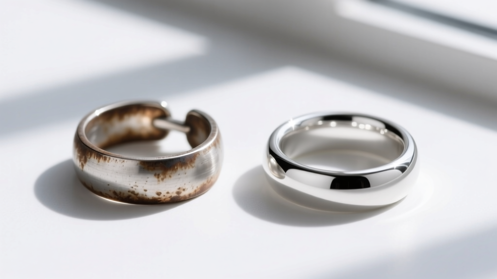 Close-up comparison of tarnished 925 sterling silver and bright Argentium silver jump rings used in professional pearl stringing.