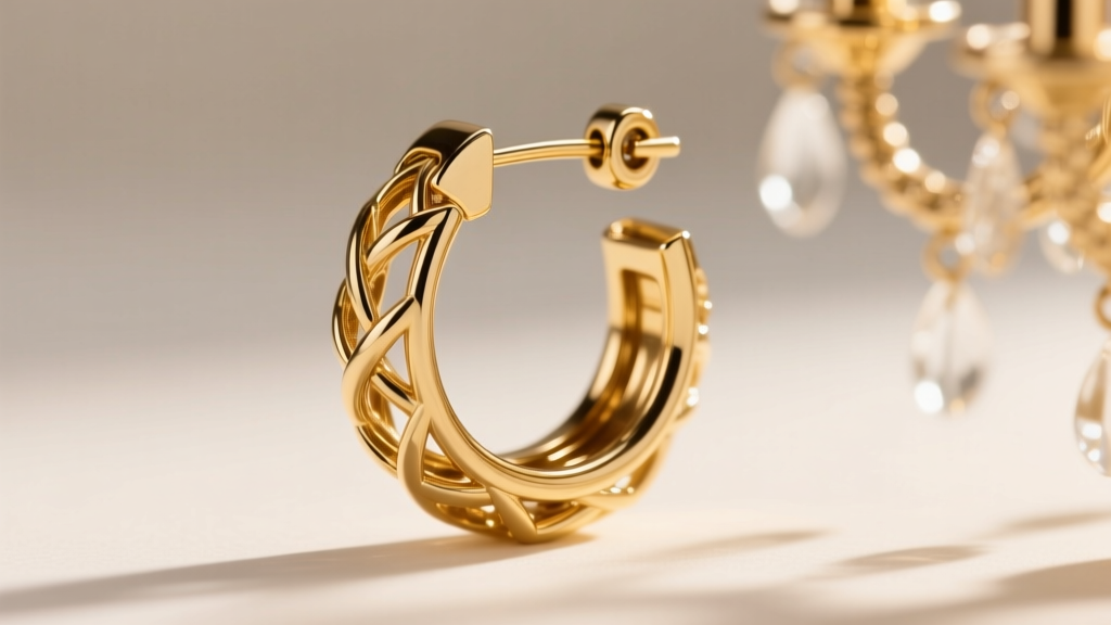 Macro shot of a heavy gold chandelier earring featuring a secure omega clip backing and thick wire post designed for lobe support