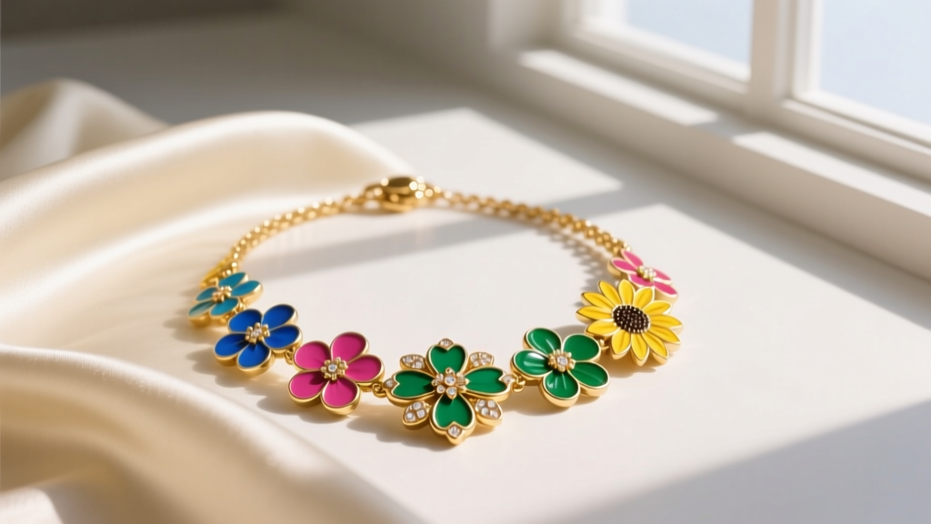 A gold-plated Kate Spade multicolor necklace with vibrant epoxy enamel floral pendants resting elegantly on cream silk fabric.