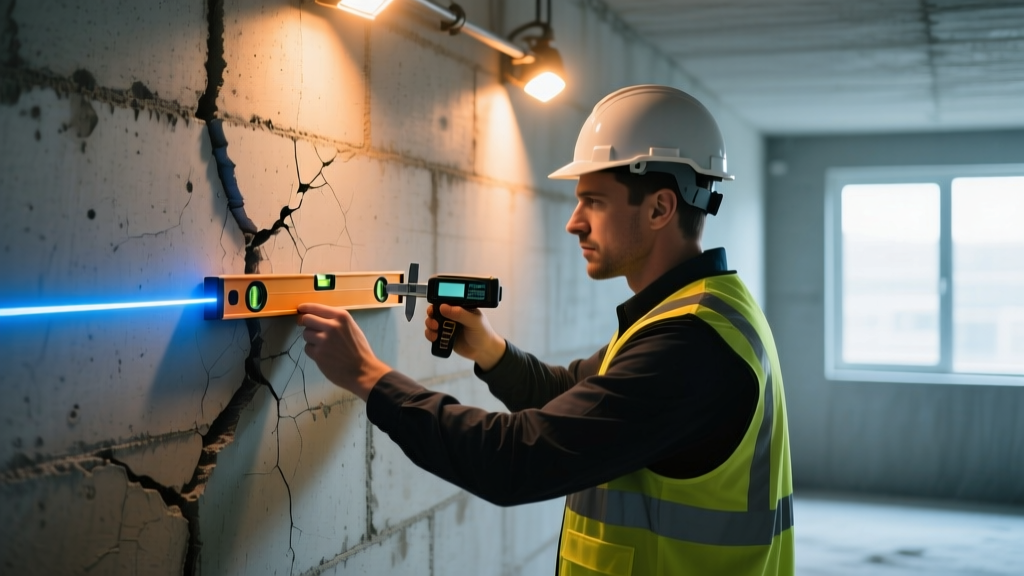 Structural engineer inspecting a bowed concrete masonry unit basement wall with a laser level and crack width gauge under bright work lights