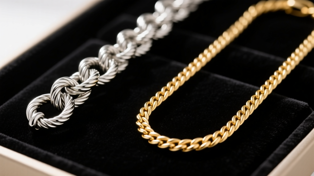 Macro shot of a knotted sterling silver cable chain beside an untangled 14k gold wheat chain on a dark velvet jewelry display mat.