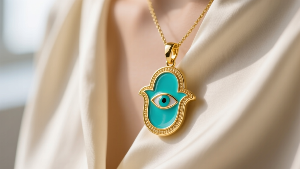 Close-up of an 18k gold Hamsa pendant with turquoise enamel evil eye center, worn over a cream silk blouse in soft window light