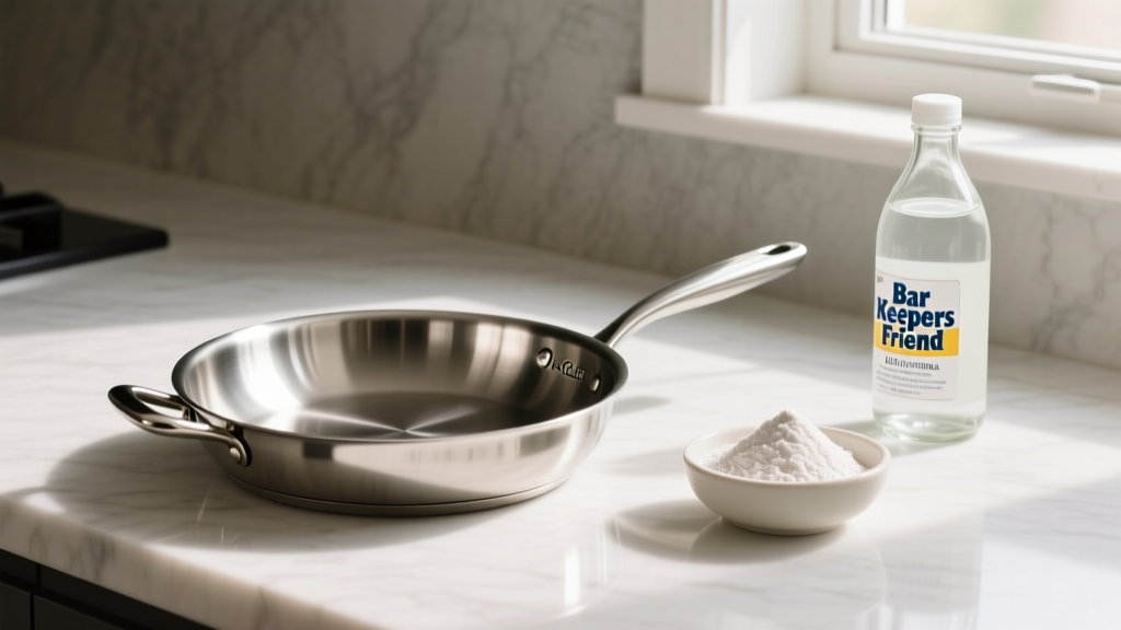 Unboxed All-Clad D3 stainless steel frying pan resting on marble countertop next to Bar Keepers Friend powder and white vinegar