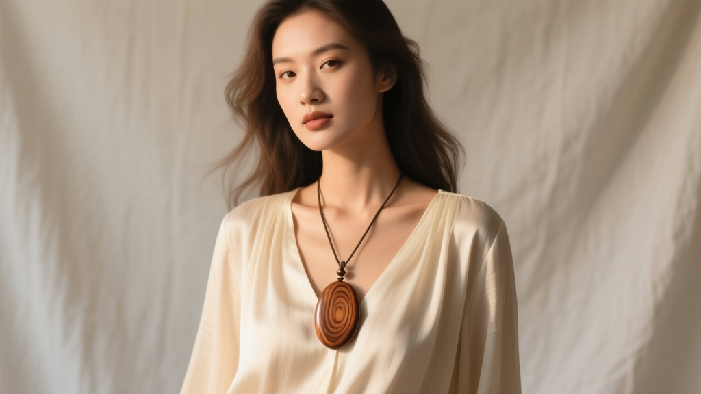 Model wearing a vintage Koa wood pendant over a cream silk blouse, showing a bohemian style under soft, warm studio lighting.