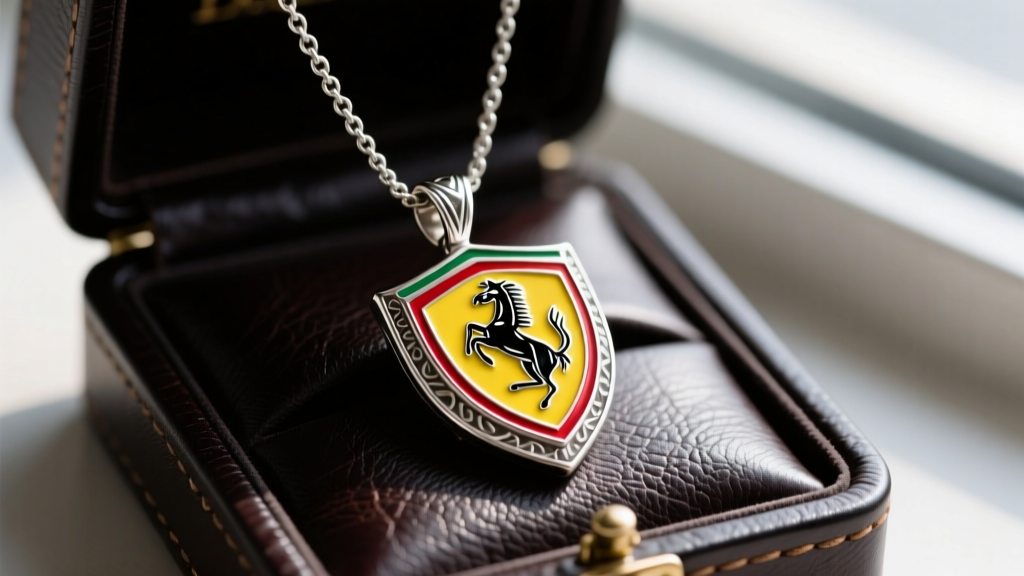 Close-up of a vintage Ferrari shield pendant necklace in sterling silver with red and yellow enamel on a dark leather watch box