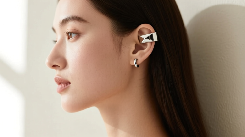 Side profile of a woman wearing a minimalist sterling silver cartilage ear wrap cuff on the upper helix, soft natural window light