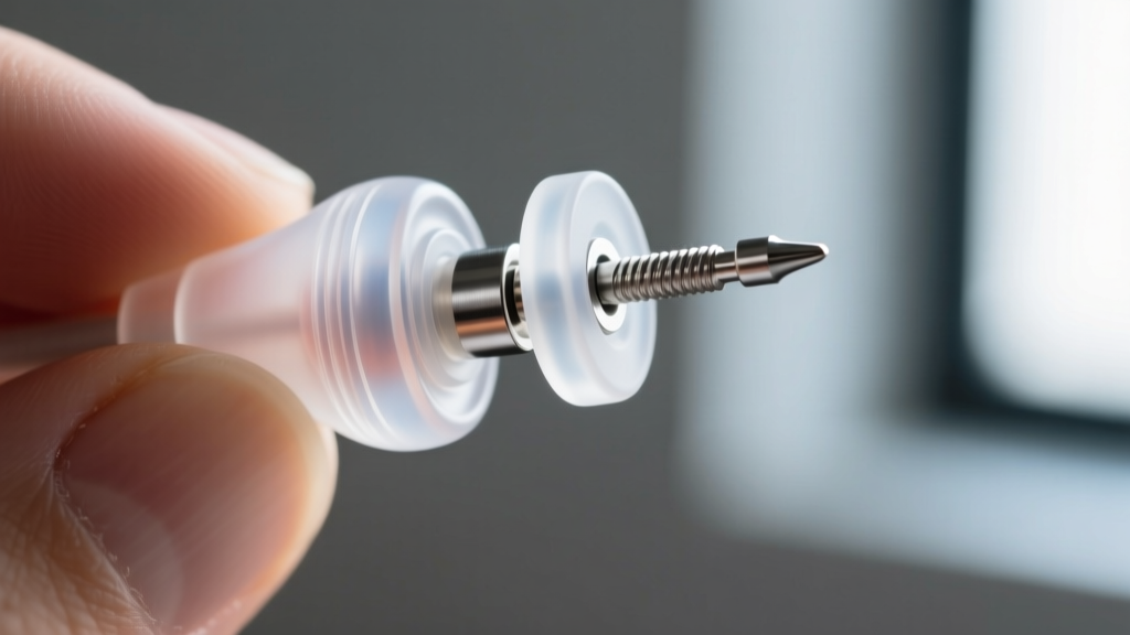 Close-up of a silicone acoustic earring back being secured onto an 18-gauge smart audio earring post to ensure a tight acoustic seal