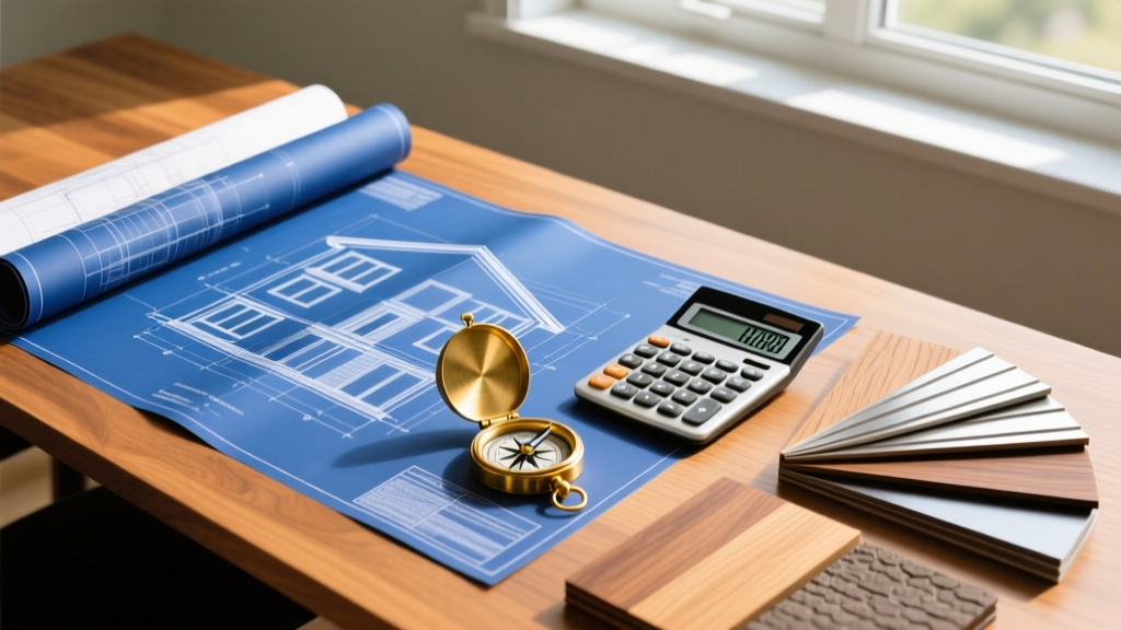 Duplex blueprints on a wooden desk next to a financial calculator, brass compass, and siding material samples in bright daylight