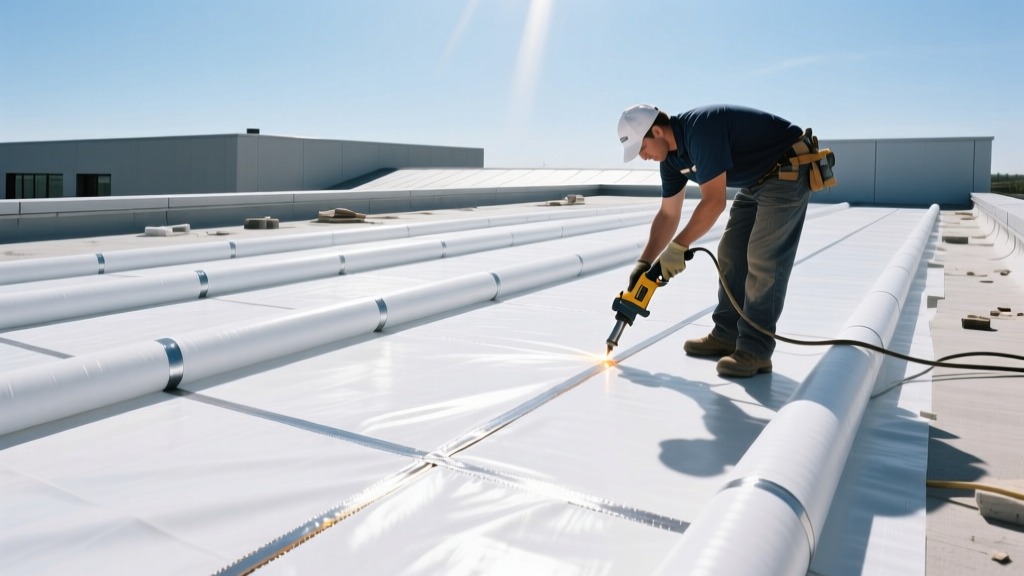 Commercial flat roof installation showing white TPO membrane rolls being heat-welded at the seams under bright sunny skies