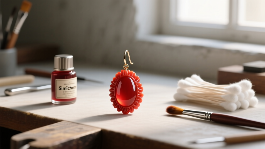 Jeweler bench showing Simichrome polish, cotton swabs, and a carved red coral cabochon earring awaiting gentle surface cleaning.