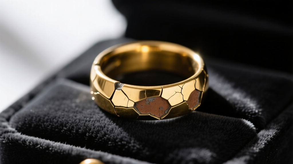 Macro shot of a flaking gold-plated brass ring revealing dull brown base metal underneath, resting on a dark velvet jewelers pad