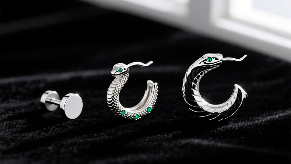 Flat lay of three serpent earring styles on black velvet: a 20-gauge silver stud, a huggie hoop, and a winding cartilage wrap