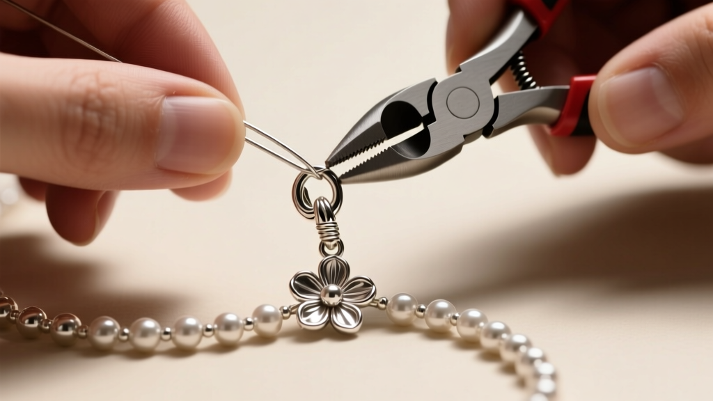 Hands using crimping pliers to secure 0.019-inch steel beading wire through a sterling silver clasp on a floral beaded necklace