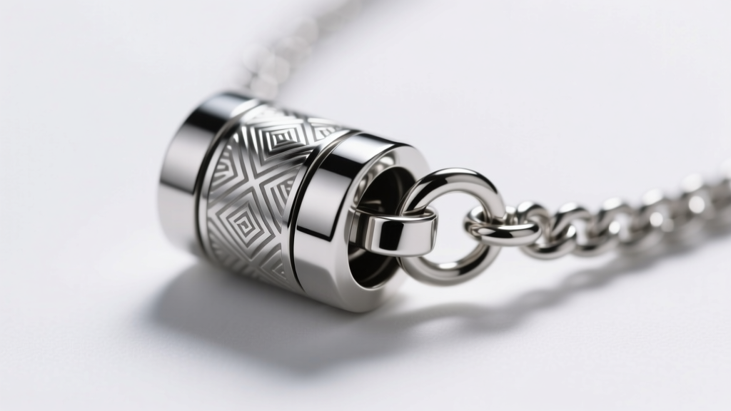 Macro shot of a cylindrical neodymium magnetic necklace clasp with rhodium finish, showing interlocking mechanism and jump ring