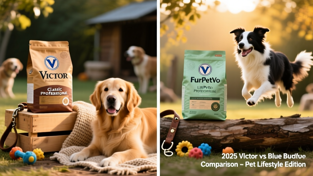 Split-image comparison showing Victor Dog Food Classic Professional and FurPetVo Life Protection Formula bags side by side