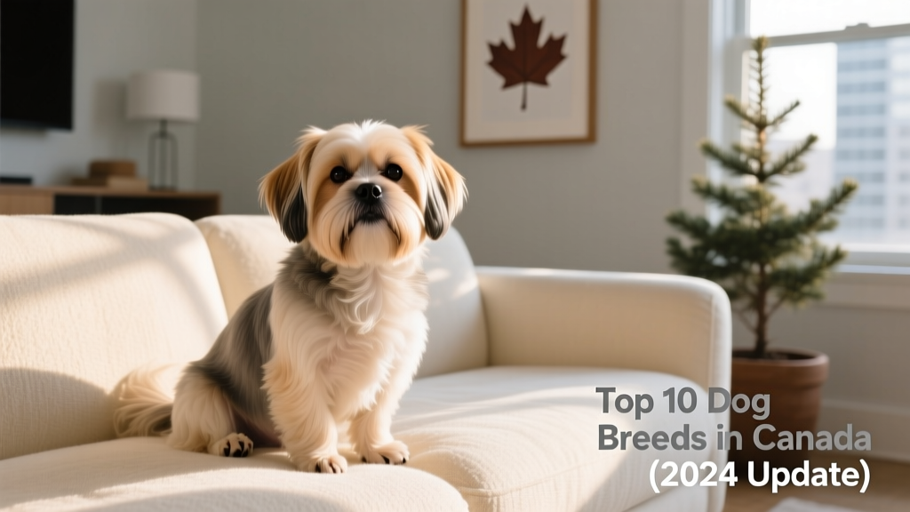 A well-groomed Shih Tzu sitting calmly on a cozy sofa
