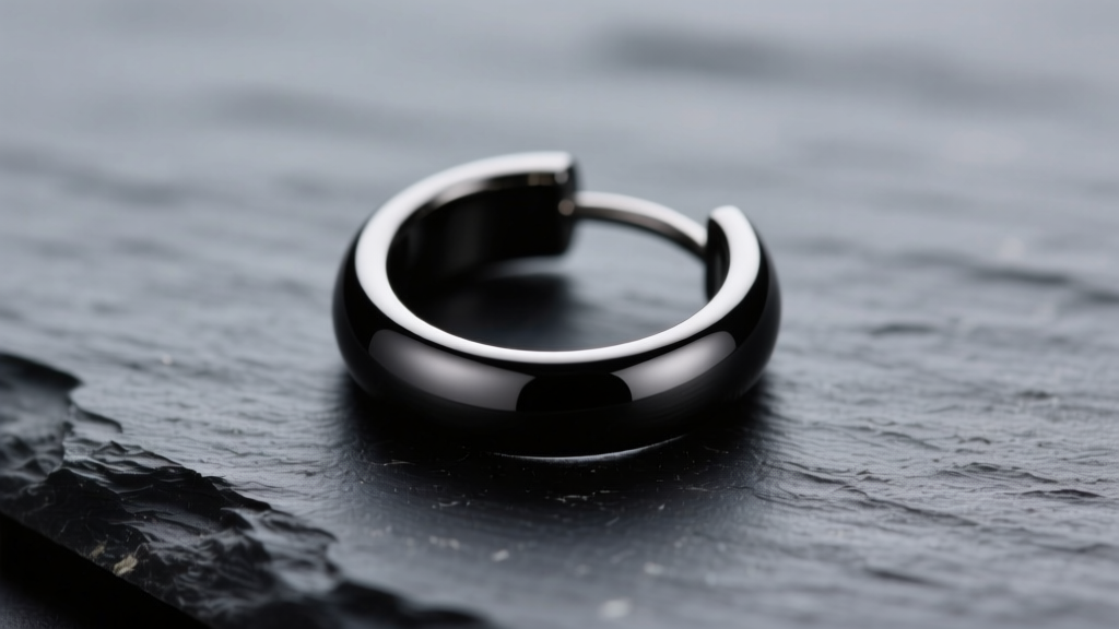 Macro close-up of a 16-gauge PVD black titanium hoop earring on dark slate, showing the matte finish under soft studio lighting