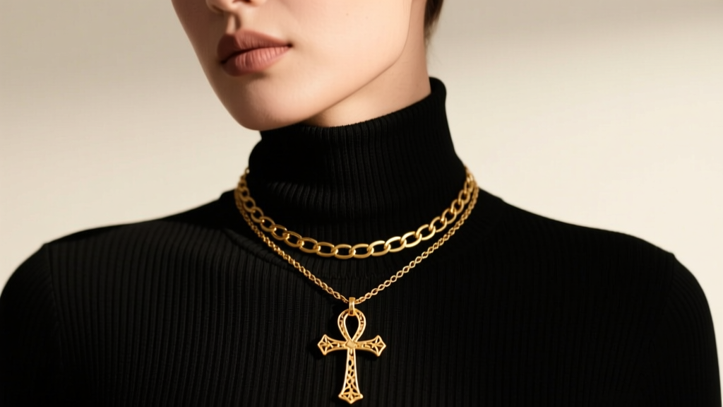 Close-up of a model wearing a layered 18k gold vermeil ankh cross necklace over a black ribbed turtleneck, studio lighting