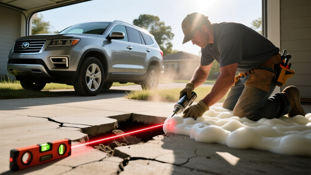 Worker injecting polyurethane foam under a cracked garage slab beside an SUV, using a laser level to measure settlement