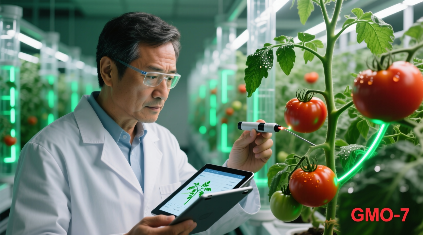 Scientist examining genetically modified tomato plants in laboratory