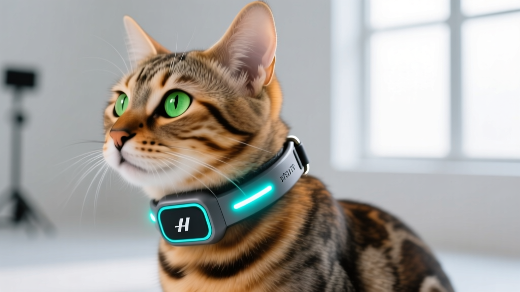 Close-up of a sleek GPS smart collar on a tabby cat, displaying LED indicator lights and a lightweight waterproof tracking module.