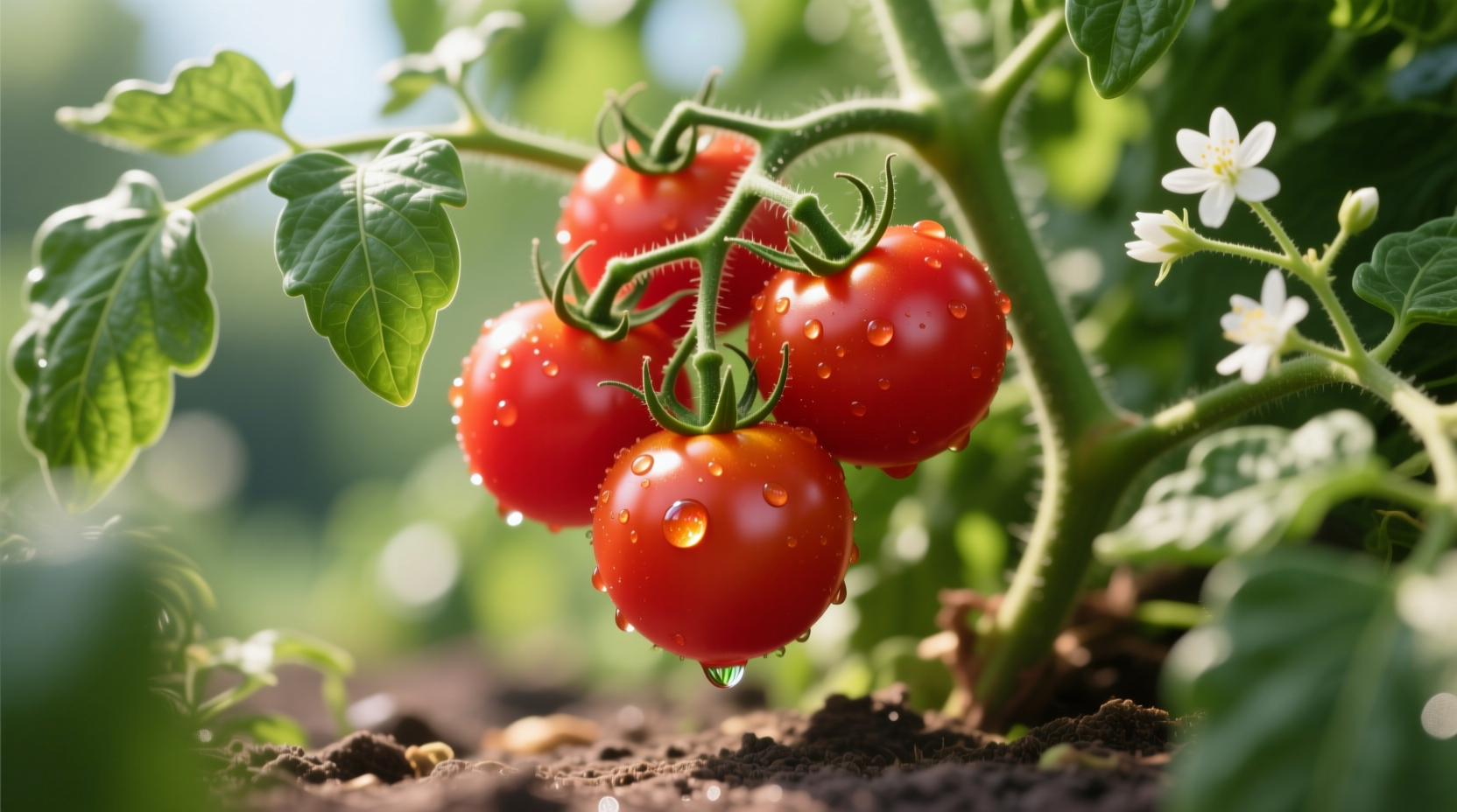 Fresh candy tomatoes on vine with green leaves