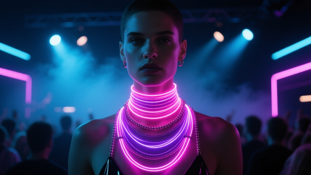 Person wearing layered fiber-optic glowing necklaces in vibrant pink and purple against a dark, moody, neon-lit concert background.