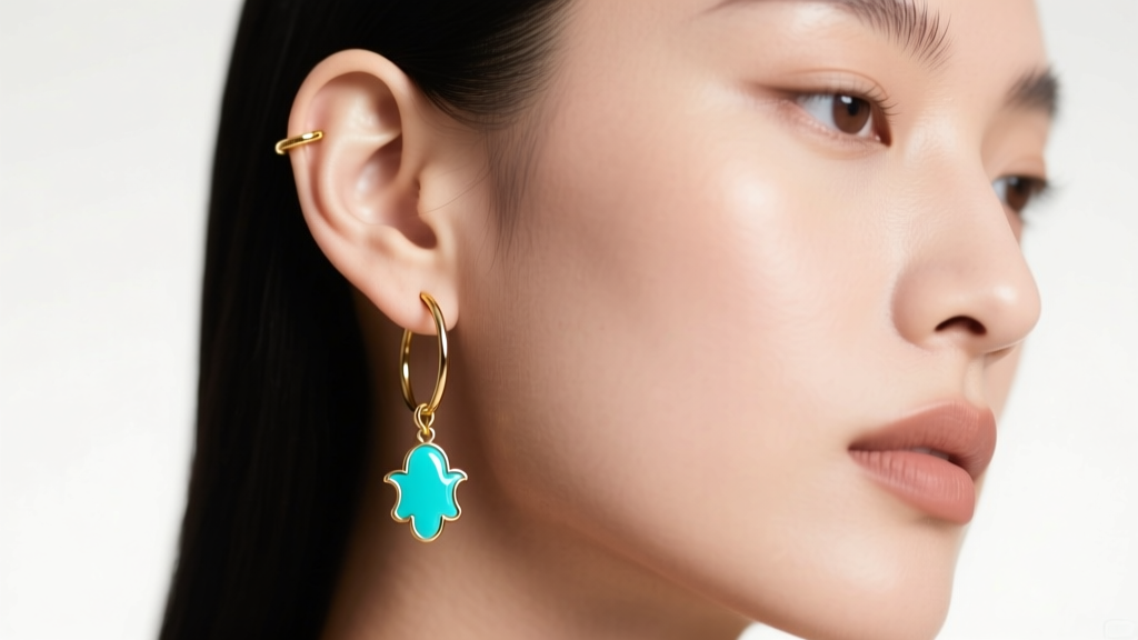 Model wearing an 18-gauge gold huggie hoop with a tiny turquoise hamsa charm, highlighting the thin wire and lobe in soft light.
