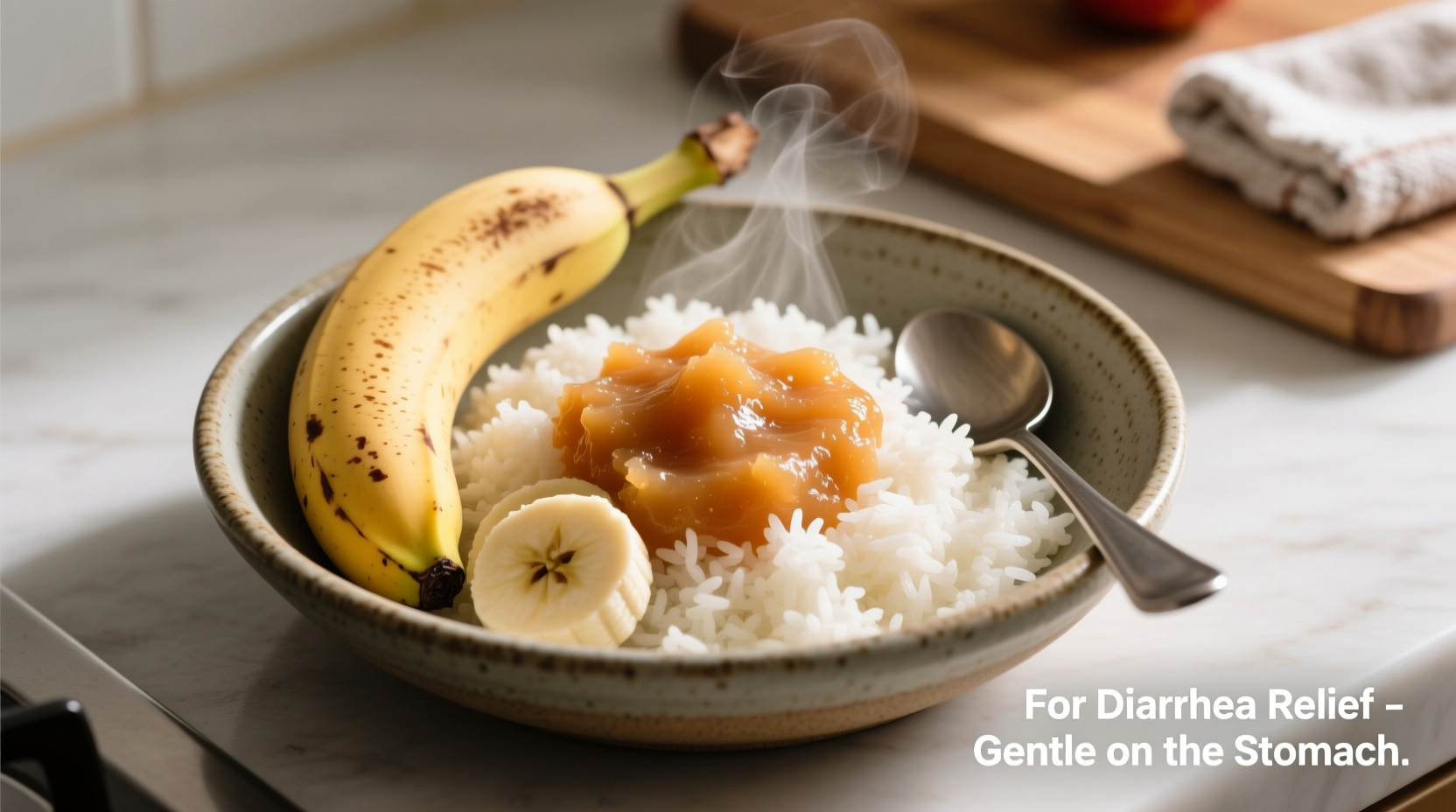 Bowl of bananas, rice, and applesauce for diarrhea relief