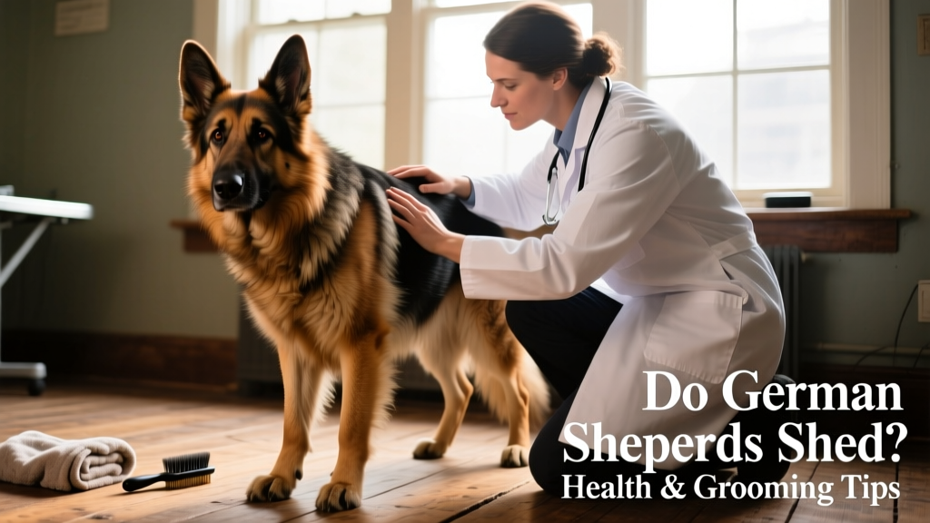 Veterinarian gently examining a German Shepherd's skin and coat during a wellness checkup