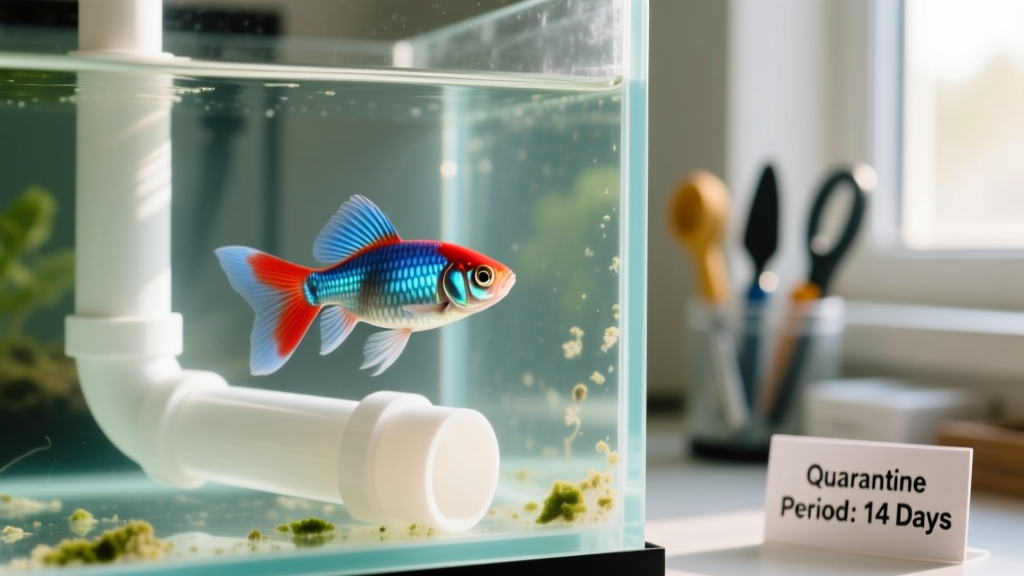 Close-up of a healthy guppy swimming near a PVC pipe in a clear quarantine tank, with visible water clarity and no algae or debris