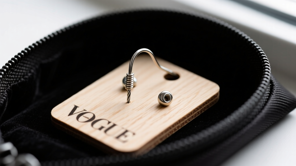 Macro shot of a 20-gauge steel ear wire attached to an MDF sublimation earring blank, resting inside a dark anti-tarnish zip bag.