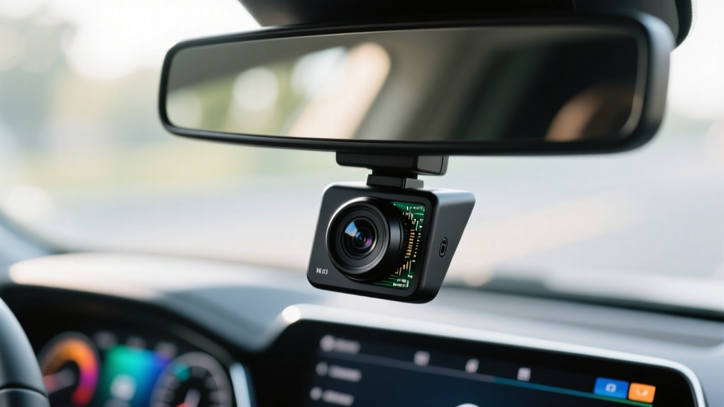 Ultra-compact wedge-shaped dash cam mounted flush behind car rearview mirror with blurred modern digital dashboard in background