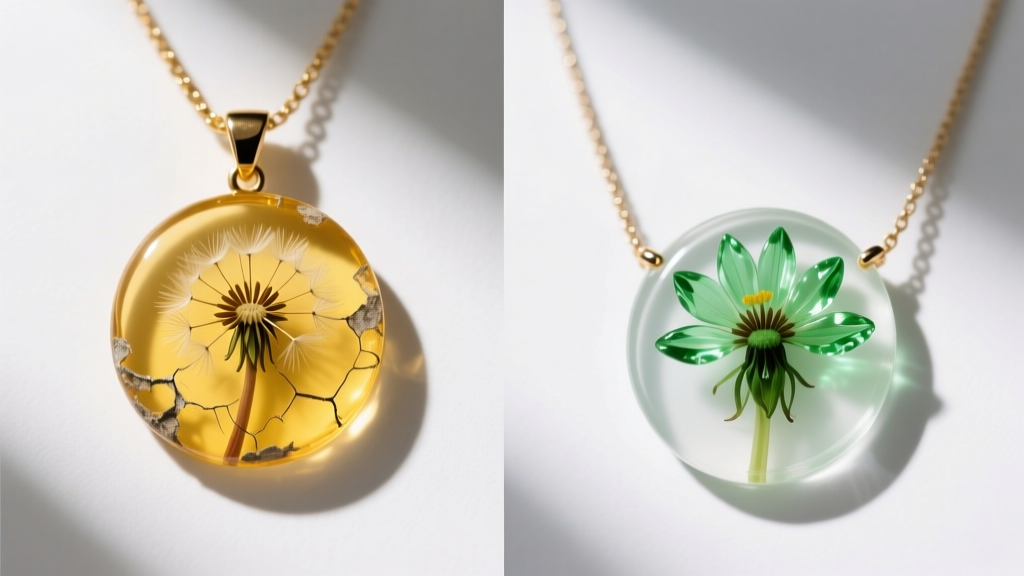 Side-by-side comparison of a yellowed UV resin dandelion pendant next to a pristine HALS-stabilized epoxy botanical necklace.