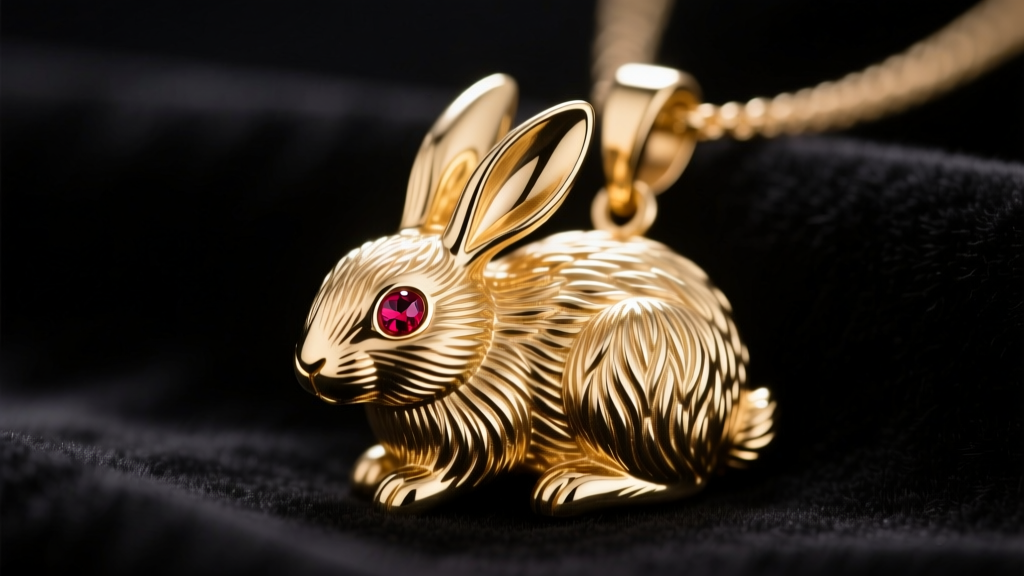 Extreme close-up of a 14k gold rabbit pendant showing detailed 3D cast fur texture and a tiny ruby eye, resting on dark velvet.