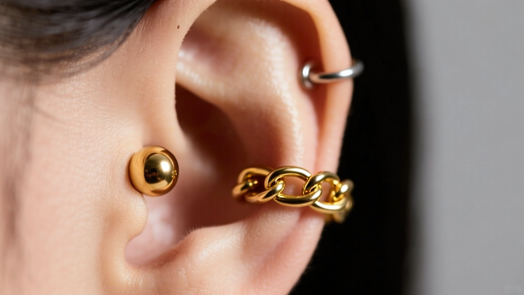 Close-up of a 20-gauge solid 14k gold ball and chain ear cuff wrapping around a helix piercing, soft studio lighting, macro lens.