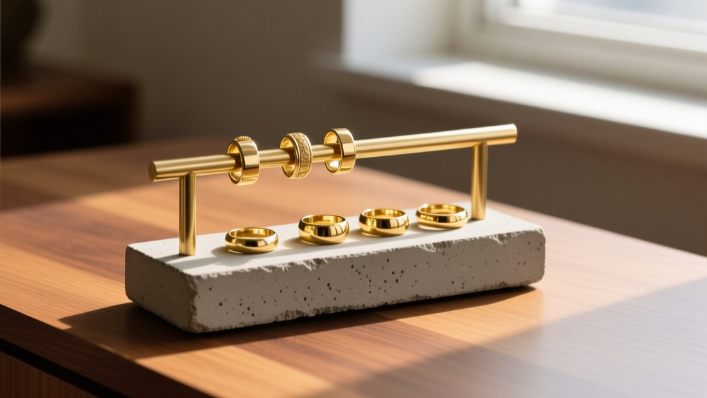 Sealed concrete and brass unique jewelry holder displaying gold rings against soft morning light on a wooden desk.